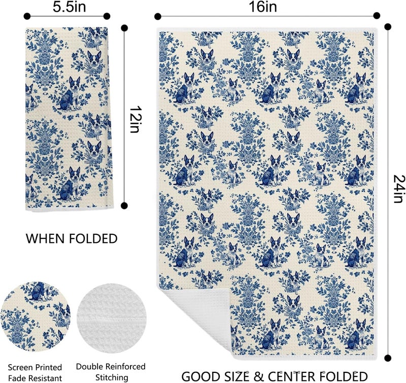EKGJW Chinoiserie Boston Terrier Dog Kitchen Towels, Boston Terrier Gifts for Women Men Dish Tea Towels for Kitchen, Grandmillennial Toile de Jouy Dog Hand Towels for Bathroom, 16x24 Inch - Image 2